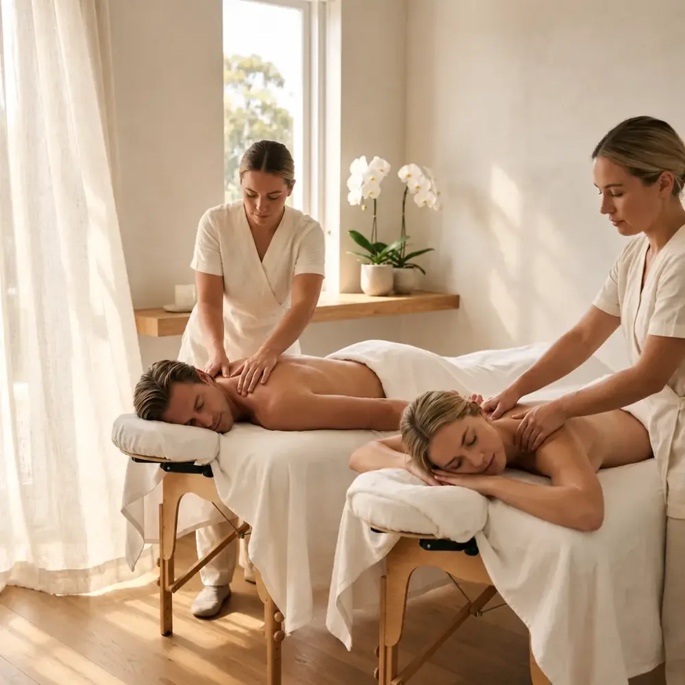 Illustration of two guests enjoying a side-by-side massage