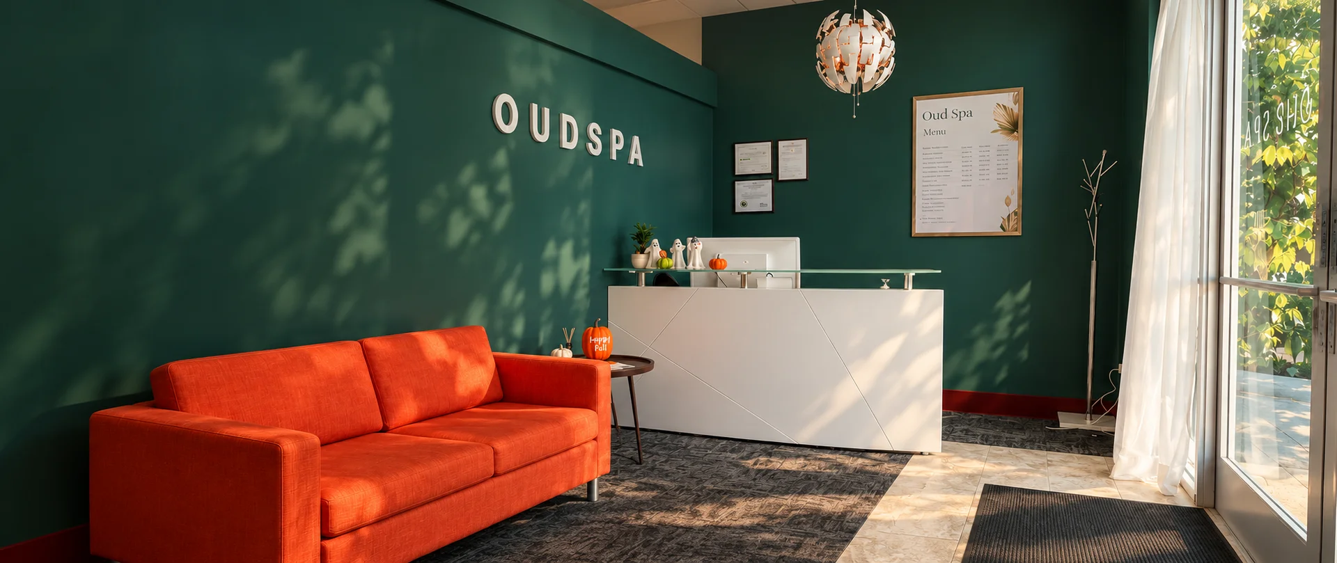 Oud Spa’s emerald-green reception with an orange sofa and sunlit entrance, recreated from the studio photograph